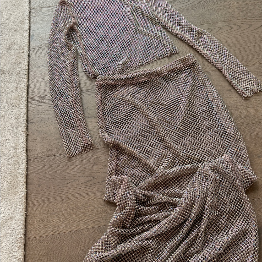 Zara nude rhinestone mesh matching set - long sleeve top and maxi skirt - SMALL